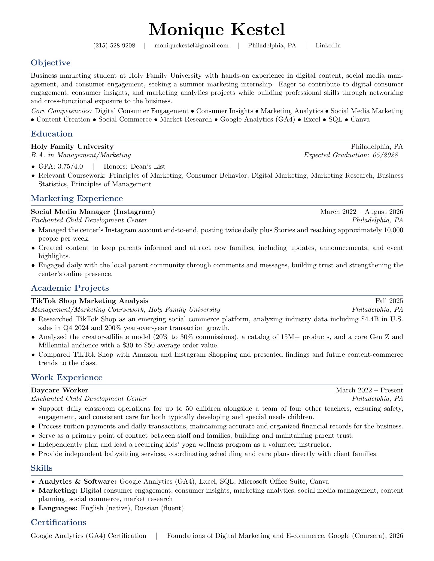 Monique Kestel's one-page resume covering education at Holy Family University, social media and daycare experience, the TikTok Shop project, skills and her Google Analytics certification